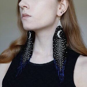 BEAD EARRINGS MOON IN EGYPT CZECH BEADS BLACK SILVER BLUE LONG BEADED EARRINGS